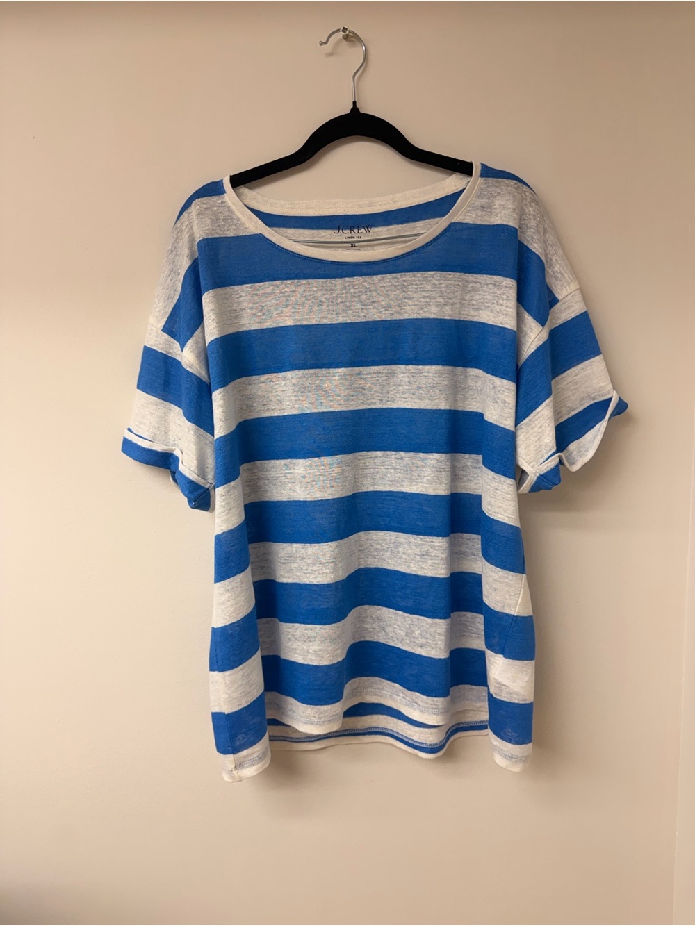J. Crew Royal Blue and White Striped Short Sleeve Tee 100 % linen